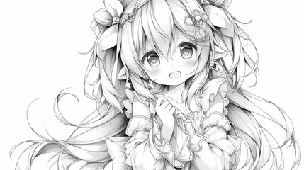 Fototapeta premium Charming Anime Girl with Flowing Hair and Cute Expression, Black and White Line Art