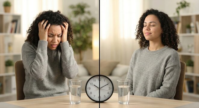 Woman suffering headache and stress finds relief through meditation.