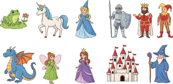 Fairy tale fantasy character set, princess knight king wizard dragon unicorn castle cartoon medieval magic story flat vector illustration