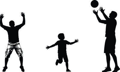 family playing ball silhouettes, father and son outdoor activity, happy childhood moment, fun sport game, parenting lifestyle illustration