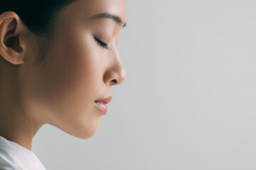 a beautiful Korean woman in her twenties with smooth, healthy skin touching the side of her face on a light blue background.