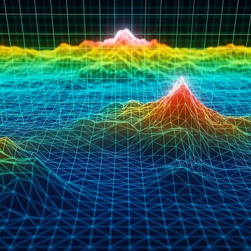 Abstract 3D topographic map visualization with colorful grid lines and mountain peaks representing data analysis and scientific discovery