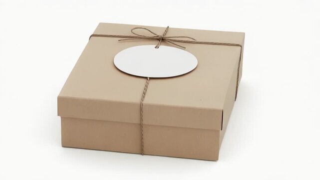 A closed gift box wrapped in brown paper with a twine bow and blank white label
