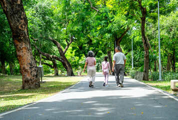 Fototapeta premium Wide shot and back of Asian girl hold hands of senior man and woman and walk along the road in public park together for exercise and get good health for the family.