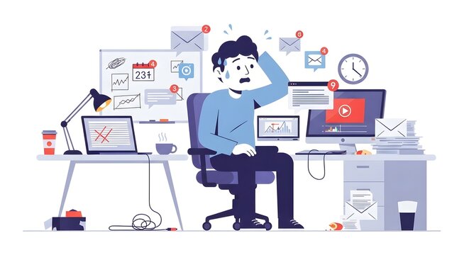 Overwhelmed Businessman Struggling with Excessive Workload and Digital Overload.