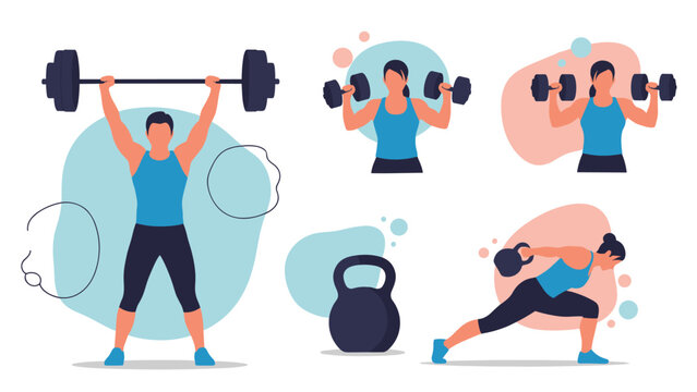 Fitness enthusiasts performing different weightlifting exercises including barbell press and kettlebell lunges for healthy lifestyle.