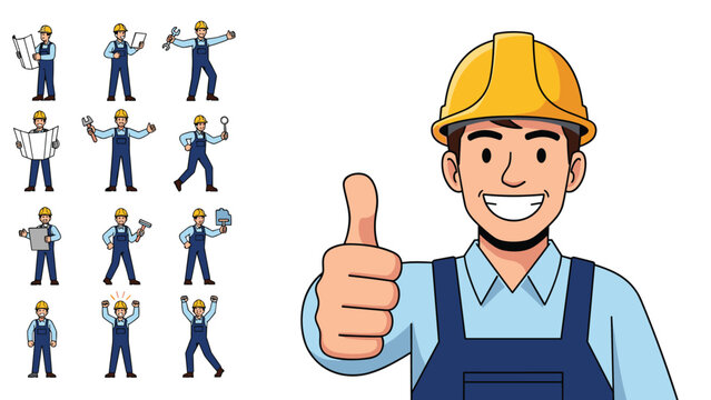 Male construction worker in blue overalls and yellow hard hat giving a thumbs up alongside several full body action poses.