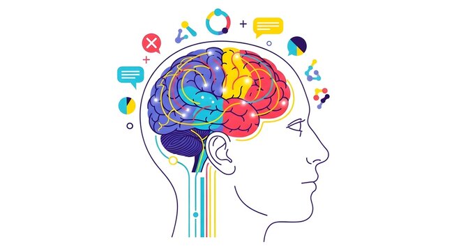 Human Brain with Colorful Hemispheres and Abstract Icons Representing Thoughts and Ideas.