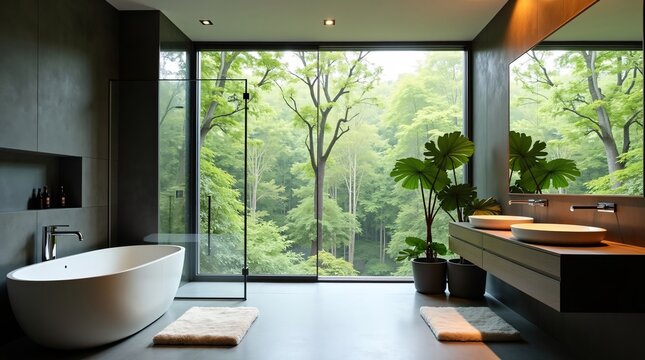 A serene modern bathroom features a sleek white freestanding bathtub, double vessel sinks, and expansive floor-to-ceiling windows framing a lush green forest view. Warm ambient lighting and potted tro