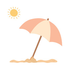 Cute beach umbrella on sand with bright sun, minimal summer illustration perfect for vacation content, seaside travel posts, coastal relaxation themes and sunny holiday design. © AlexTroi