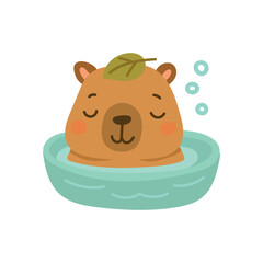 Cartoon capybara relaxing in water pool with leaf on head, charming wildlife illustration perfect for animal blogs, relaxing nature content and children storytelling graphics.
