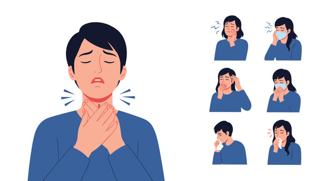 Young man and woman suffering from various common cold and flu symptoms including sore throat cough and fever for health.