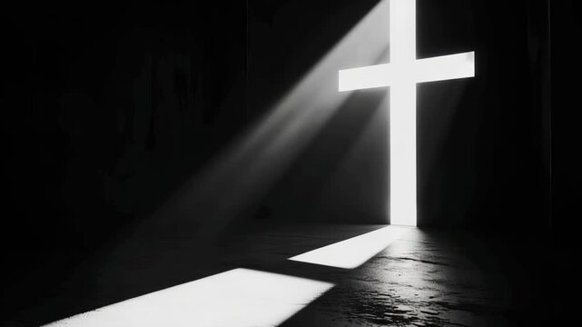 A dramatic video showcasing a large cross illuminated by a beam of light in a dark room