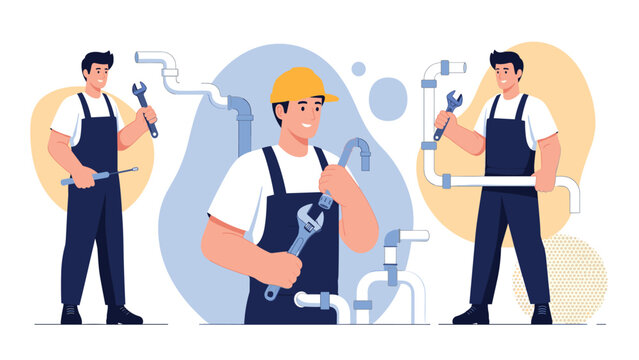 Team of professional plumbers in blue overalls holding wrenches while working on a complex system of pipes and water infrastructure.