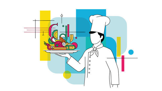 Minimalist illustration of a chef in a white uniform holding a tray of colorful food items against a background of geometric shapes.