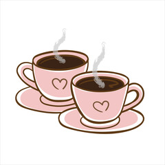 Obraz premium Two pink coffee cups with hearts and steam. Hand drawn cozy illustration of coffee date, friendship and love concept for cafe, greeting card or poster