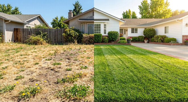 Before and after transformation of a home's lawn and exterior.