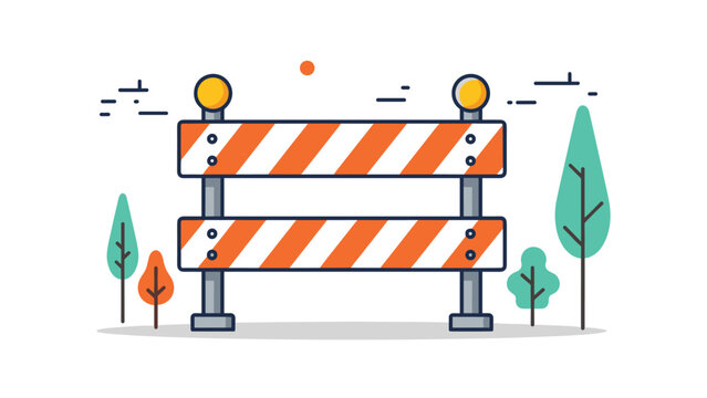 Bold orange and white striped construction barrier with flashing lights, flanked by stylized green and orange trees, indicating roadwork or caution.