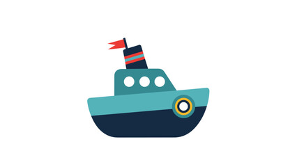 Obraz premium Charming cartoon-style small blue and dark blue boat with a distinctive red flag, symbolizing travel, adventure, and maritime fun.