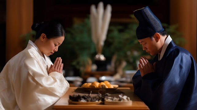 Bride in ivory silk hanbok and groom in navy durumagi bowing to seated elders during traditional Korean pyebaek ceremony, wooden ducks and dried persimmons arranged on ceremonial table, perfect for