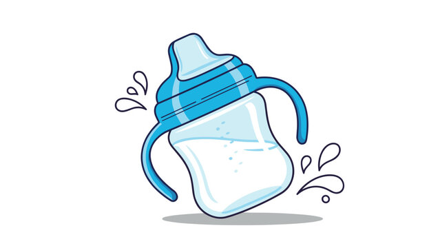 Child's blue sippy cup filled with white milk, depicted with playful splashes, symbolizing toddler feeding, baby care, and child development.