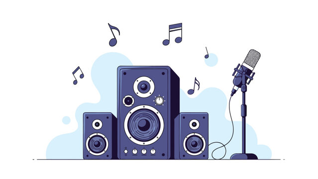 Professional studio speakers and a classic microphone on a stand, with musical notes floating around, symbolizing music production, recording, or performance.