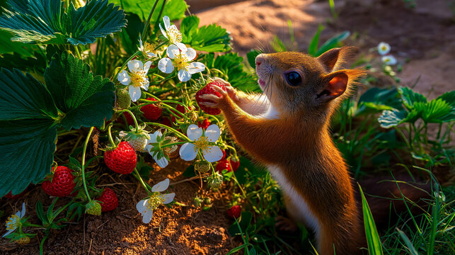 AI generator images of red squirrel reaching for a strawberry in a vegetable patch displays adorable wildlife behavior.