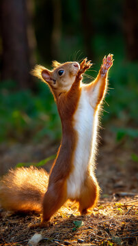AI generator images of red squirrel reaching for a strawberry in a vegetable patch displays adorable wildlife behavior.