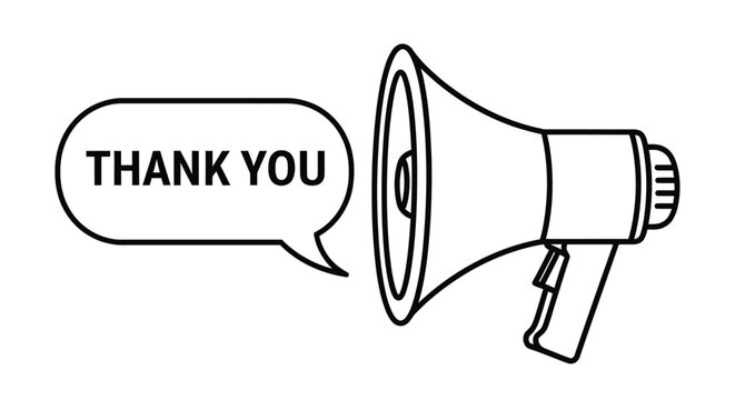 Line art illustration of a megaphone with a thank you message in a speech bubble