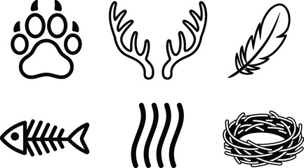 Wildlife nature icon set paw antlers feather fish bone scent lines nest vector illustration hunting camping symbols collection © MdTajemul