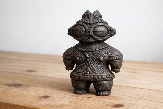 木製のテーブルに置かれた遮光器土偶のレプリカと縄文時代の歴史を感じさせる縄文土器の置物