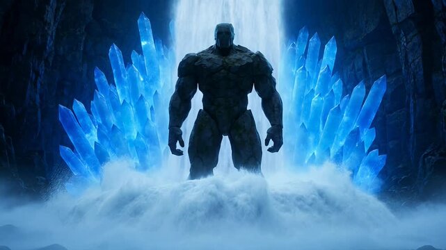 Powerful majestic fantasy warrior, an imposing figure from dark glowing crystal cave, near mystical waterfall. Giant mythical golem illuminated amidst blue ice formation