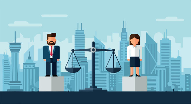 Gender Equality Scales with Businessman and Businesswoman in Cityscape Illustration