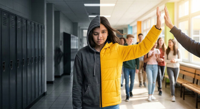 Teenage girl's journey from sadness to happiness and social connection.
