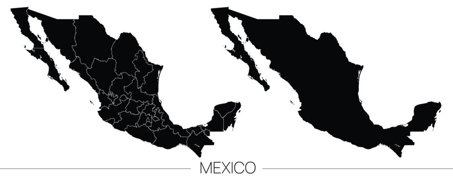 Mexico administrative map with states and borders, vector illustration of black silhouette of country isolated on white background