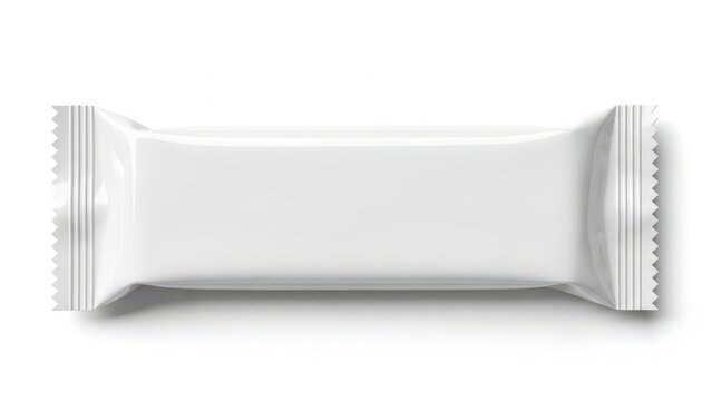 A single, unopened, white granola bar wrapper on a white background