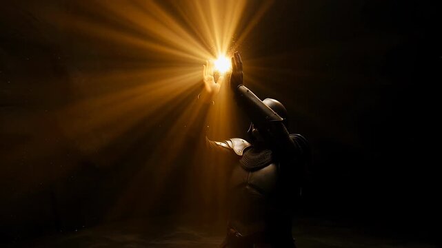 Human hand reaches radiant golden light, spiritual glow deep dark. Mysterious energy bright rays emanate. Figure from profound darkness holds powerful glowing orange orb, golden beam illuminates