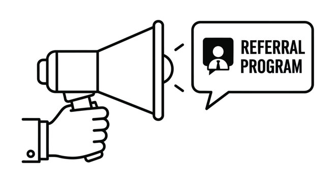 A hand holding a megaphone with a speech bubble promoting a referral program