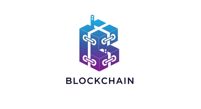 A colorful blockchain logo with a 3D cube design on a white background