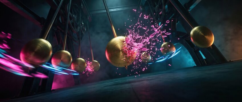 Golden Newtons Cradle balls colliding with pink liquid splash, kinetic energy, physics, and motion concept in dark industrial setting with neon lights
