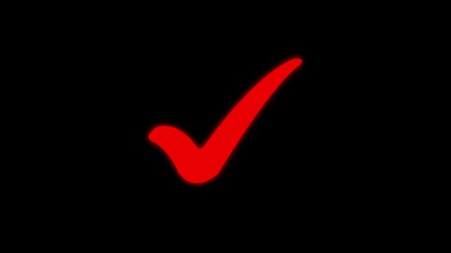 Glowing red check mark symbol animated on black background with subtle neon glow effect perfect for success approval confirmation and positive feedback concepts