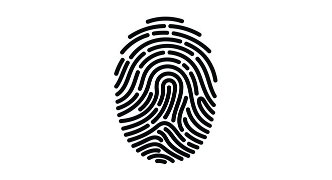 A black and white illustration depicting a human fingerprint on a white background
