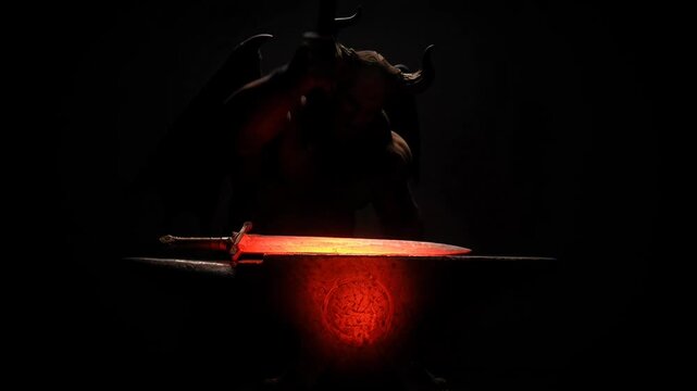 Dark powerful demon intensely striking hellish forge. Mythical creature crafts glowing red sword amidst fiery sparks, its determined creation radiating immense strength and dark dramatic power