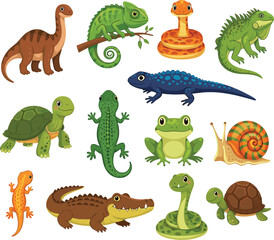 Naklejka premium Cute Reptiles and Amphibians Cartoon Animal Collection Featuring Turtle Snake Frog Crocodile Gecko Iguana Chameleon Salamander and Snail Vector Illustration Set