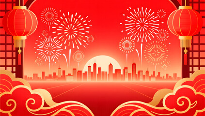 Fireworks illuminating the city skyline during Spring Festival celebration