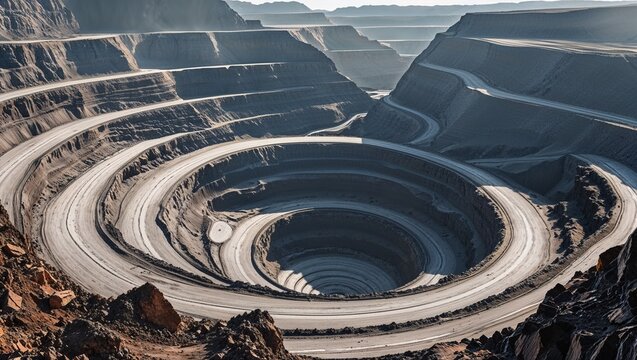 Massive open pit mine with terraced excavation for mineral resource extraction and mining industry concept