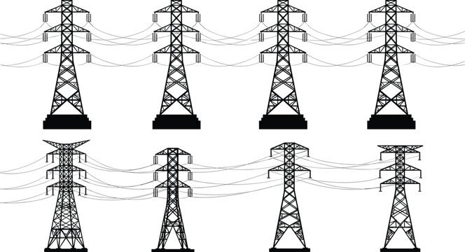 High voltage electric power line transmission towers silhouettes set with electrical cables and pylon structures for industrial energy design.High voltage electric power line transmission towers silho