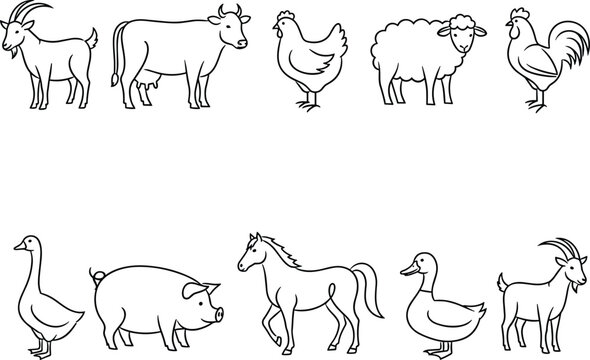 Farm Domestic Animals Outline Icon Set Featuring Goat Cow Chicken Sheep Rooster Goose Pig Horse Duck and Livestock Line Vector Illustration Collection