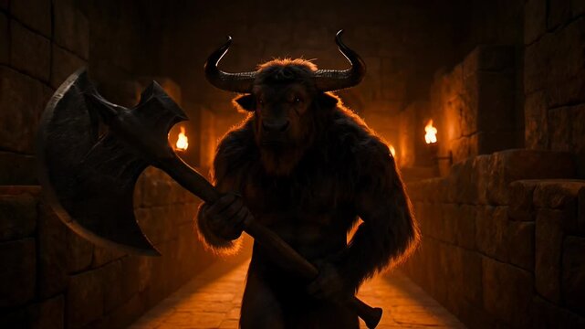 Formidable, powerful bull minotaur, mythical creature, stands menacingly in dark ancient dungeon corridor. battle axe clutched, its horned figure looms ominously