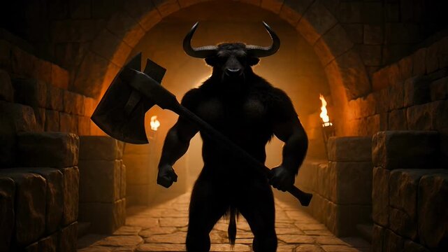 Powerful menacing minotaur, shadowy ancient labyrinth dweller. mythical monster gripping axe, illuminated by an ominous torch glow, its dark silhouette fills dungeon archway